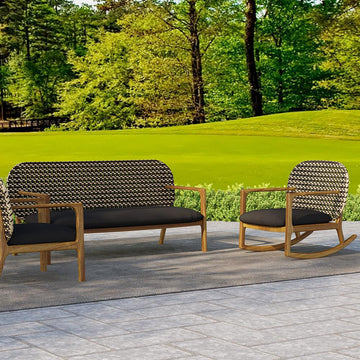 2 Pieces Teak & Rattan Outdoor Sofa Set Patio Wood Rocking Chair with Cushion in Natural